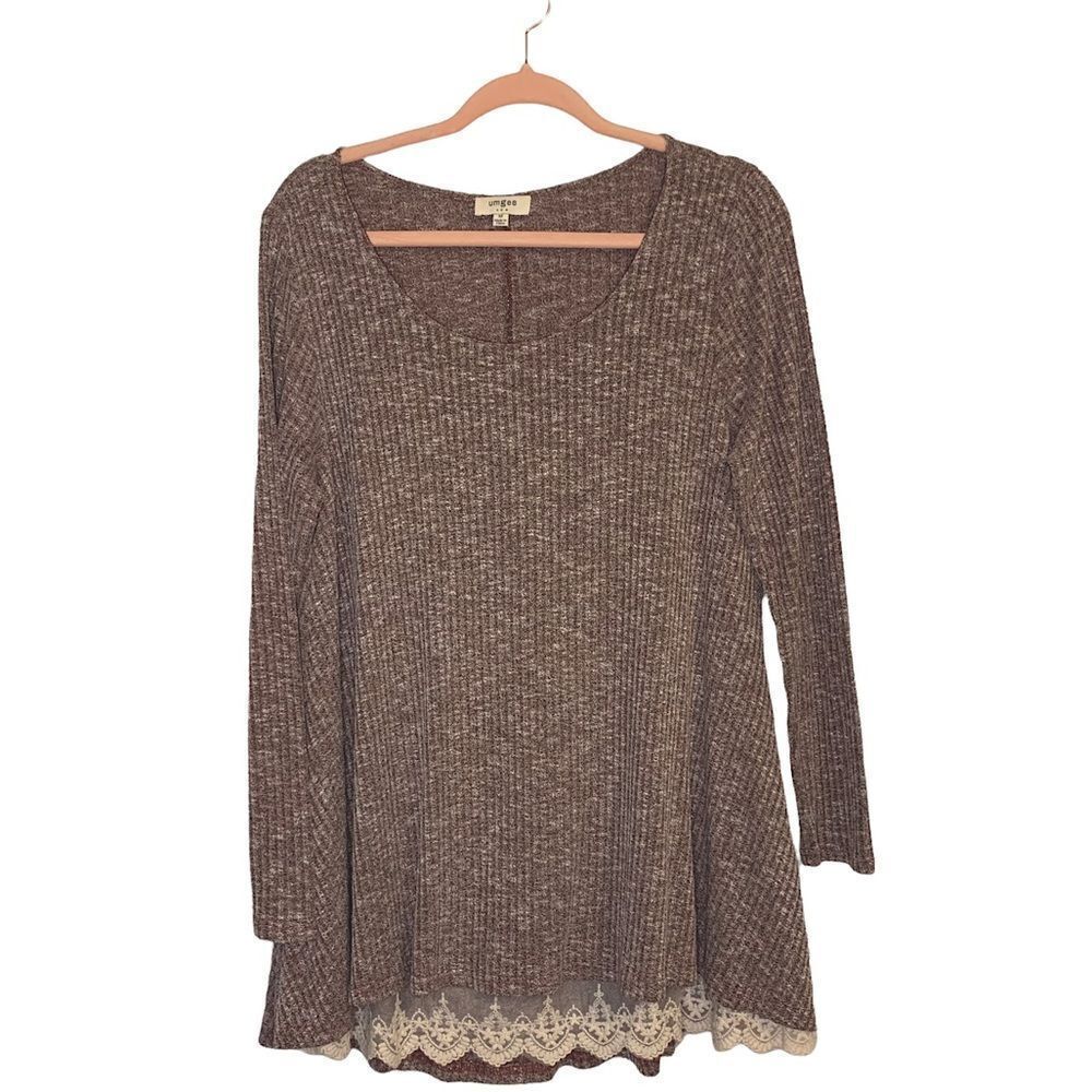 Umgee Burgundy Long Sleeve Knit and Lace Tunic Top